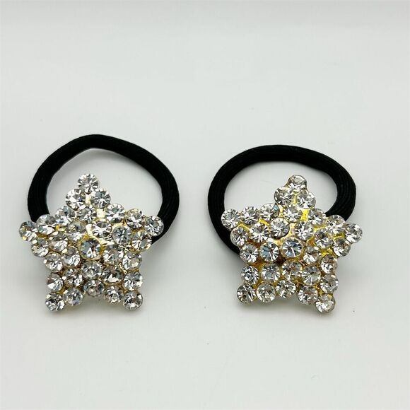 Set of Two Star Rhinestone Sparkle Ponytail Holders Hair Ties Black Stretch - Picture 1 of 12